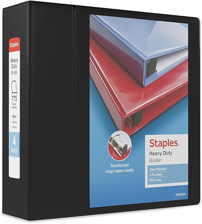 Staples Heavy-Duty 4-Inch D-Ring View Binder, Black – Extra Large Capacity 3-Ring Binder for Office & School