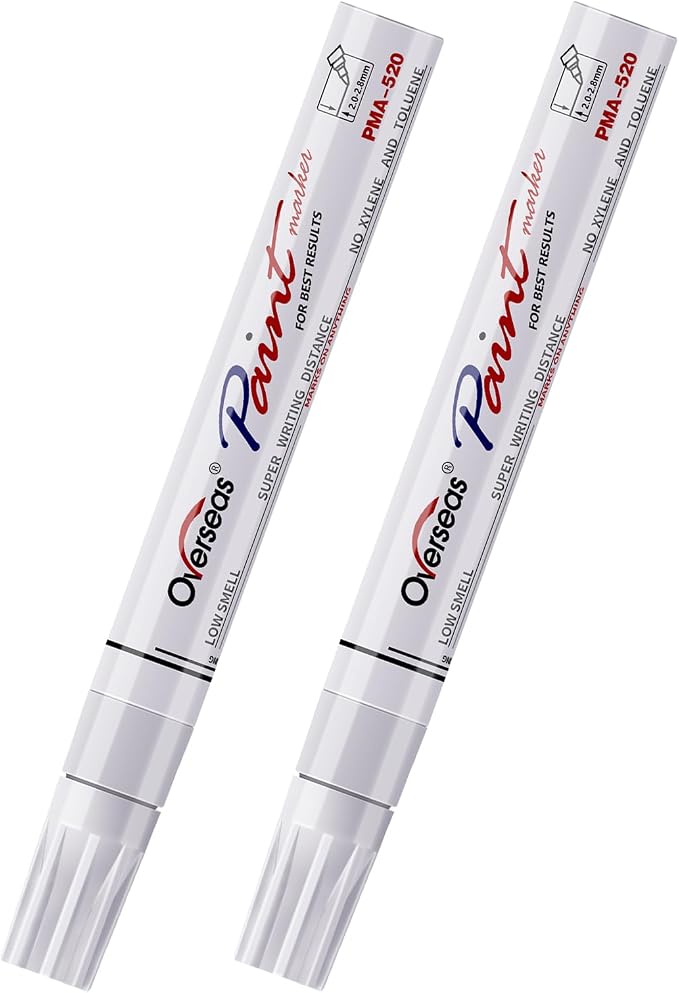 Overseas White Paint Pens Permanent Markers, 2 Oil Based Paint Makrers | Medium Tip, Waterproof, Quick Dry, Fade Resistant, Bright Colors Marker Pen for Metal, Wood, Plastic, Rock, Rubber, Canvas