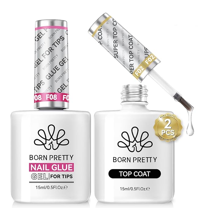 Born Pretty 15ml Gloss Gel Top Coat and Nail Glue for Tips Set,No Wipe Super Top Coat Not Chip or Peel and Long Lastingfor Nail Art