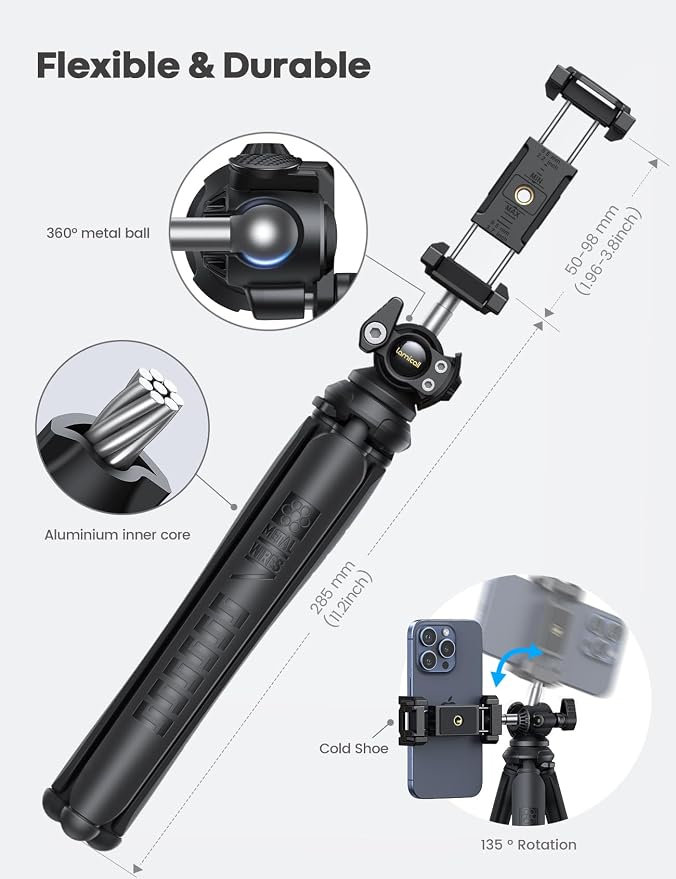 Lamicall Tripod for iPhone with Wireless Remote 8-Strand Aluminum Core | Flexible Silicone Legs, Heavy-Duty Phone Stand with 1/4'' Screw & Cold Shoe for iPhone Pocket 3/4 Samsung GoPro DSLR Camera