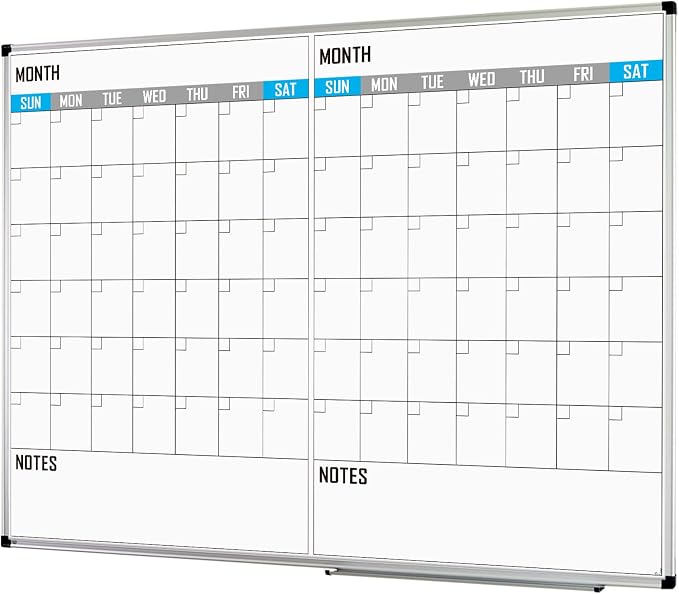 XBoard Magnetic Calendar Whiteboard 48" x 36" - 2 Month Dry Erase Board, White Board + Colorful Calendar Board, Silver Aluminium Framed Monthly Planning Board