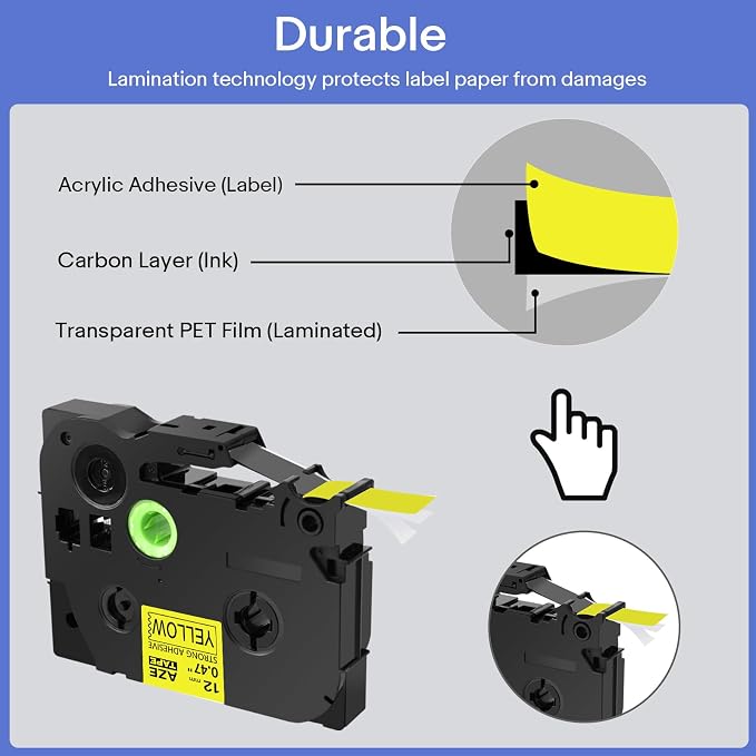 GREENCYCLE Extra Strength Label Tape TZe-S631 12mm 0.47" Laminated Yellow Compatible for Brother P-touch TZeS631 TZ-S631 TZe TZ 1/2 inch Black on Yellow Label Tape for PT-D200 PT-D210 PT-D220, 10 Pack