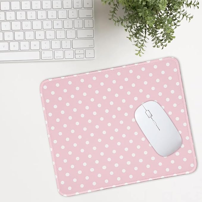 Mouse Pad for Desk with Stitched Edge, Premium Cute Washable Mouse Pads. Computer Mousepad with Non-Slip Rubber Base, Mousepads for Laptop, 9.25x7.75x0.12 inch (Pink Polka Dots)