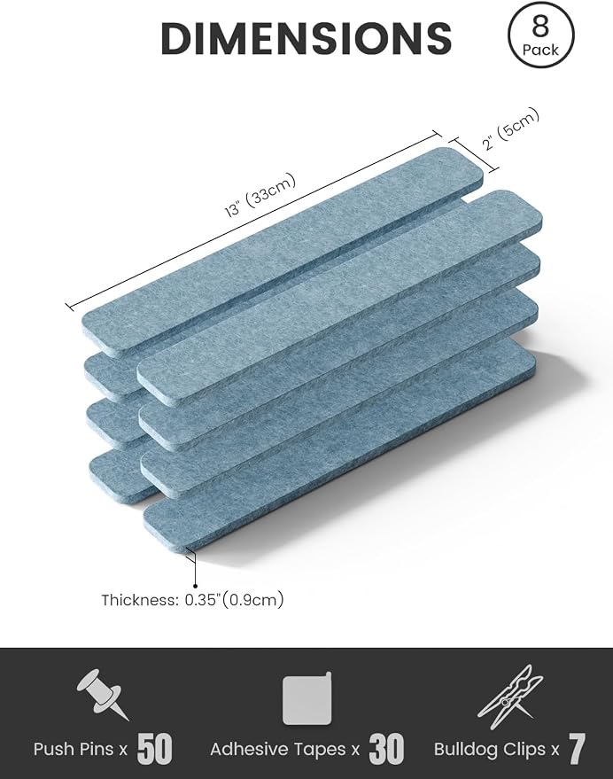 Fluxynara 13" x 2" Felt Wall Panels, Dusty Blue | 8-Pack Includes 50 Push Pins and Adhesive Tabs for Photos, Notes and Decor in Bedroom Doors, Home Office or Studios