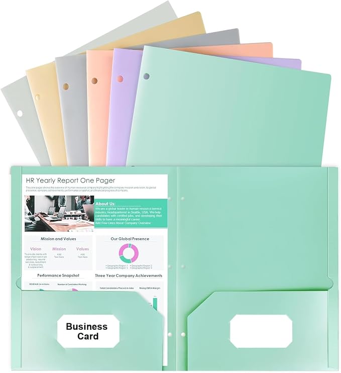 3 Hole Punched Folders with Pockets, 6 Pack Pastel Folder for 3 Ring Binder | Two Pocket Folders,Thick Paper File Folders, 6 Assorted Color Binder Folder, for Documents Office School