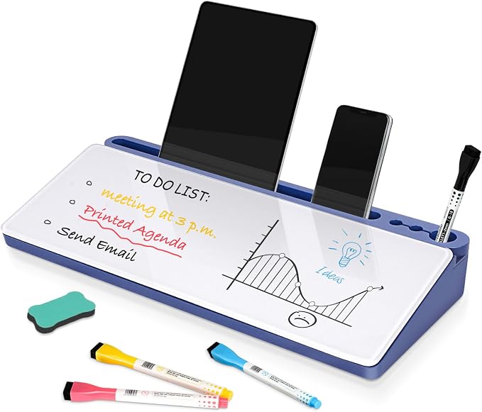 DOLLAR BOSS Glass Desk Whiteboard Small Dry Erase Board, Blue | Desktop White Board with Storage Drawer, Computer Keyboard Stand, Desk Organizer, Office Supplies, With Markers, Eraser