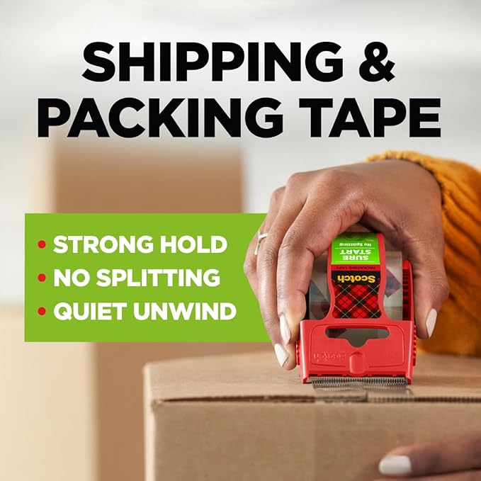 Scotch Sure Start Packing Tape, Clear, Quiet Unwind and Easy Start, 1.88 in. x 25 yd., 6 Tape Rolls, Designed for Packing, Shipping and Mailing, No Splitting or Tearing, 1.5" Core, Packaging May Vary