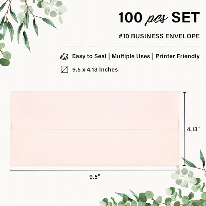 100 Pack #10 Light Pink Envelopes Letter Size Self Seal Business Envelopes | Security Mailing Cute Envelopes, lined with rose gold foil, 4 1/8 x 9 1/2 Inches