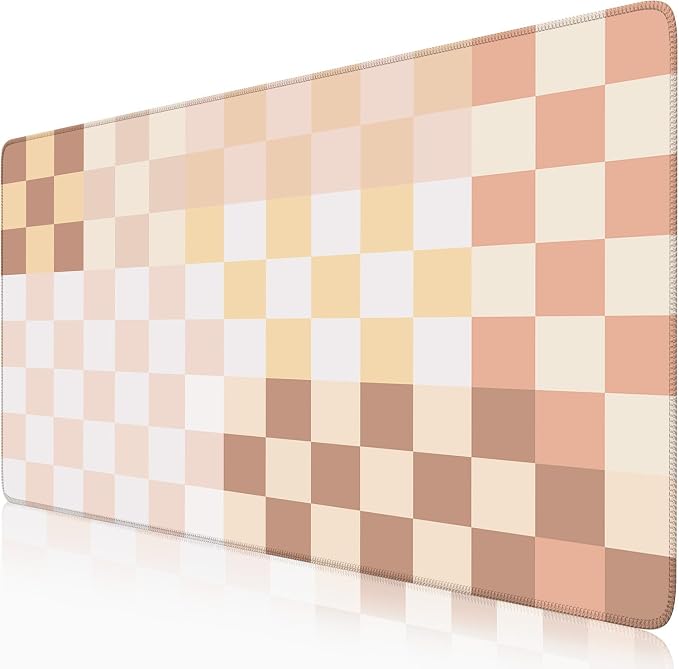 Checkered Boho Desk Mat Beige Pink Mouse Pad XXL Pastel Retro Large Mouse Pad with Stitched Edges, Keyboard Pad Mouse Mat for Computer Aesthetic Office Decor Desk Matt for Desktop 31.5 X 15.7In