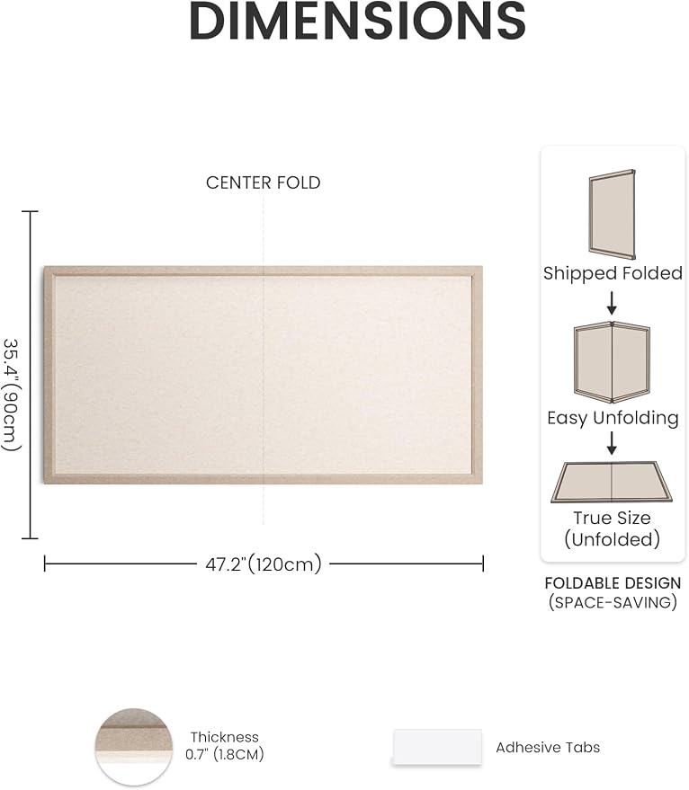 Fluxynara 47.2" x 35.4" Felt Frame Bulletin Board, Oatmeal | Cork Board Alternative with 36 Removable Adhesive Tabs, Foldable Pin Board for Wall, Home, Office, Classroom & Dorm