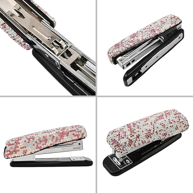 Bling Rhinestone Stapler, Sparkly Diamond Staplers, Cute Desk Stapler for Women & Girls, Bling Crystal Machine Pretty Office Stationery Kit (Pink with AB Color Plated, Large)