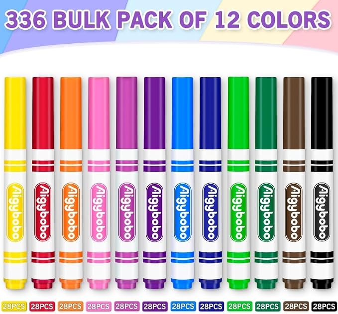 336 Count Washable Markers Bulk, Markers for Kids Classroom, 12 Colors | Broad Line Conical Tip, Back to School Supplies, Teacher Classroom Must Haves, Classroom Essentials & Art Supplies & Prizes