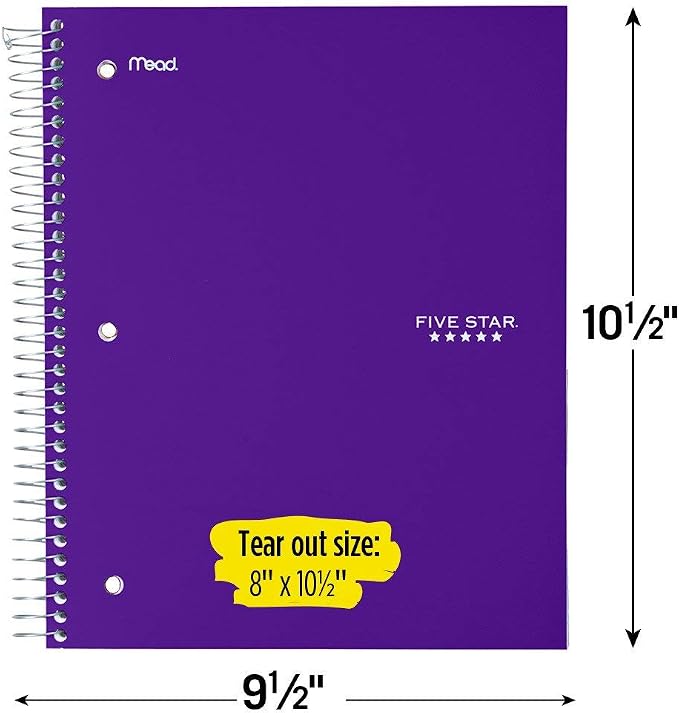 Five Star Spiral Notebook + Study App, 5 Subject, Wide Ruled 8" x 10.5" Paper, 200 Sheets, Fights Ink Bleed, Water Resistant Cover, Amethyst Purple (38739)