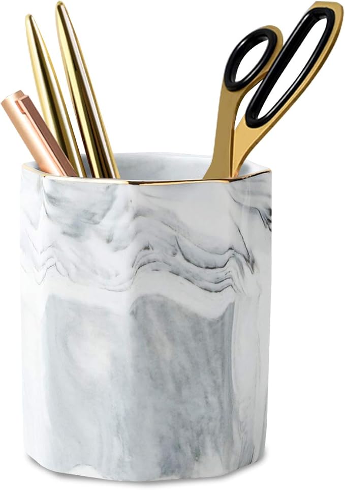 Pen Holder, Pencil Holder for Desk, Practical Ceramic Pencil Organizer, Decorative Makeup Brush Holder, Perfect Office Organization, Teacher Supplies, Gray Marble