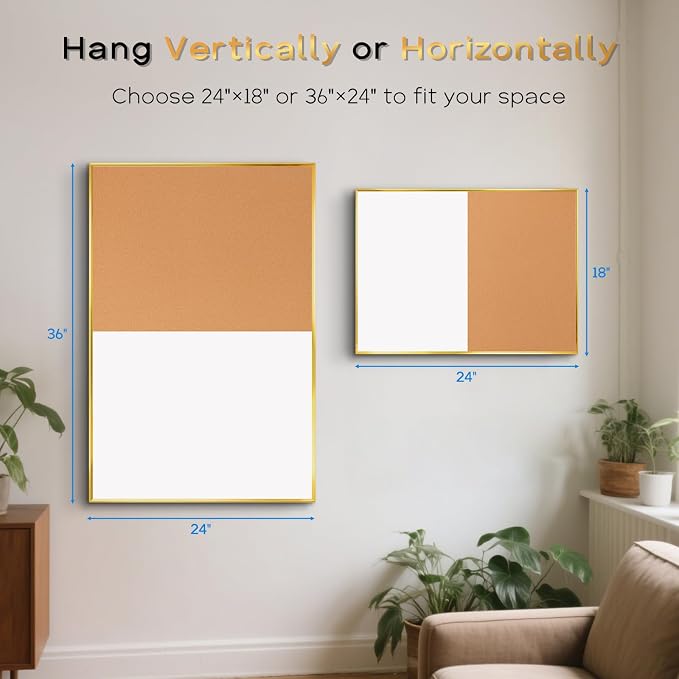 Magnetic Dry Erase White Board & Cork Board Combo, 36"x24", Wall Mounted | Gold Aluminum Frame, Dry Erase Board and Cork Bulletin Board, Vision Board, for Home Office, School, Kitchen