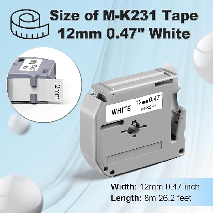 Labelife M-K231 Label Tape Replacement for Brother P Touch M Tape 12mm 0.47 | MK231 M-K231S White Compatible with Brother Ptouch PT-M95 PTM95 PT-45 PT-65 PT-70 PT-80 Label Makers, 6 Pack M231 M-231