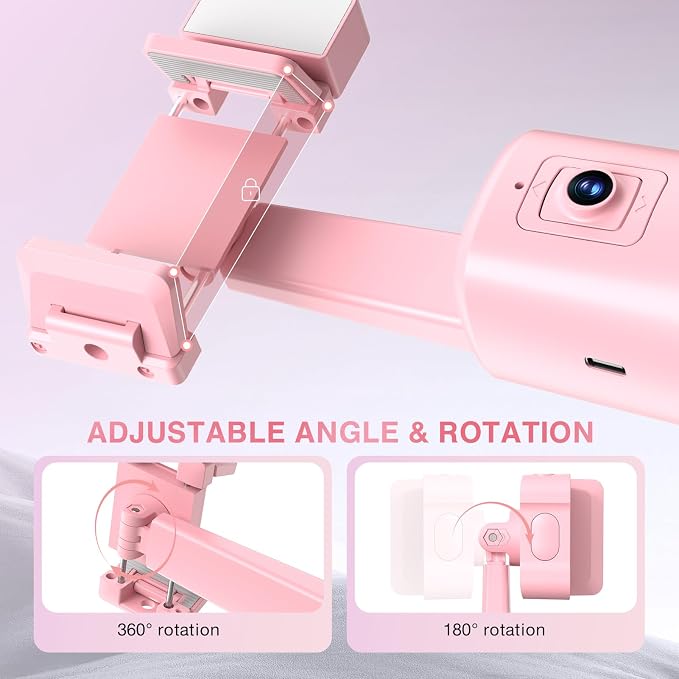Auto Face Tracking Tripod 360° Rotating Cell Phone Photo and Video Kits Stand, No App, Camera Stand with Remote and Gesture Control, Rechargeable Smart Shooting Stand for Live Recording Tiktok（Pink）