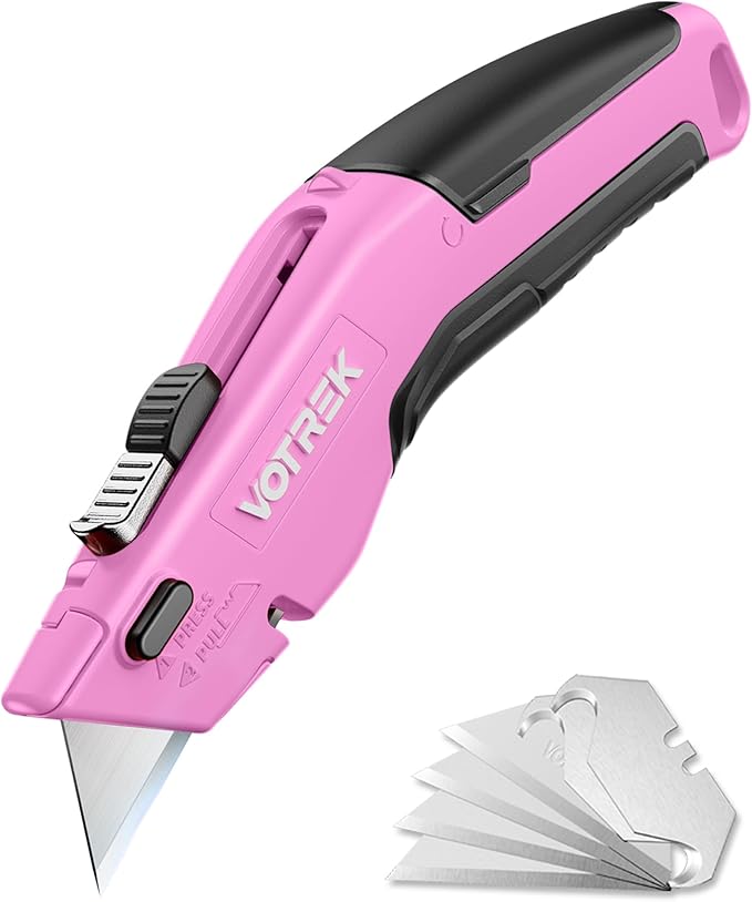 VOTREK® Box Cutter Utility Knife, 2-in-1 Safety Retractable Box Cutter for Women, Quick Change Razor Knife for Home, Office & DIY, Blade Storage Design, with Extra Sharp Razor & Hook Blades (Pink)