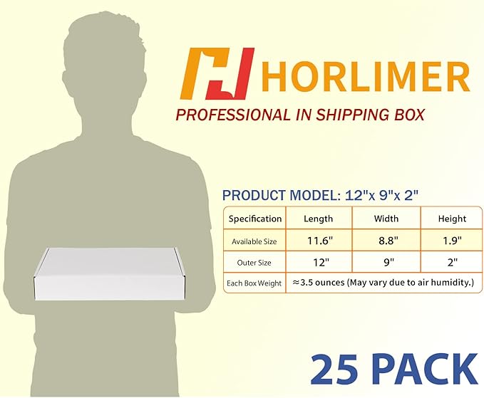 HORLIMER 12x9x2 inches Shipping Boxes Set of 25, White Corrugated Cardboard Box Literature Mailer