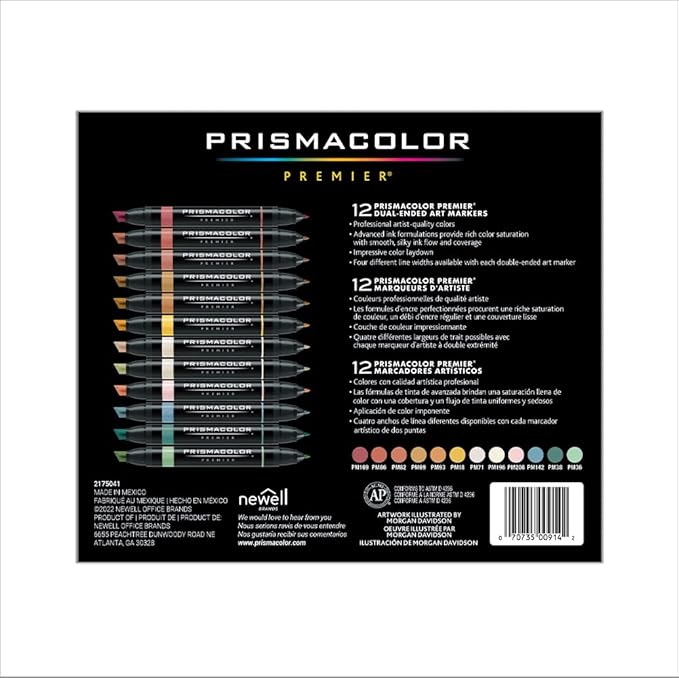 Prismacolor Premier Dual-Ended Art Markers, Chisel and Fine Tips, Mid-Tone Colors, 12 Count - Professional Quality for Artists, Adult Coloring, Drawing