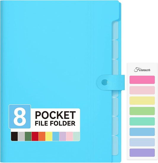 Forvencer Expanding File Folder 8 Pocket, Accordion File Organizer, Letter | Portable Folders for Documents, Cute Paper Organizer, Filling Products for School Office Supplies, A4 Size, Sky Blue