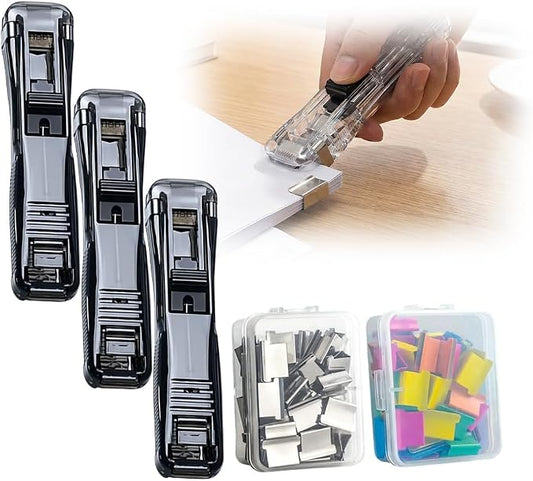 Portable Binder Clip Stapler, 2026 New Portable Office Tool, Durable Desk Organizer for Study Room, 100 Metal Refill Clips (50 Silver + 50 Color) for Home (3, Black)