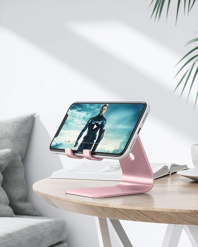 OMOTON C1 Upgraded Aluminum Cell Phone Stand for Desk, Durable Phone Dock | Protective Pads Cellphone Dock for iPhone 17/16/15/14/13 Pro Max Air, iPad mini, Android Smartphones - Rose Gold