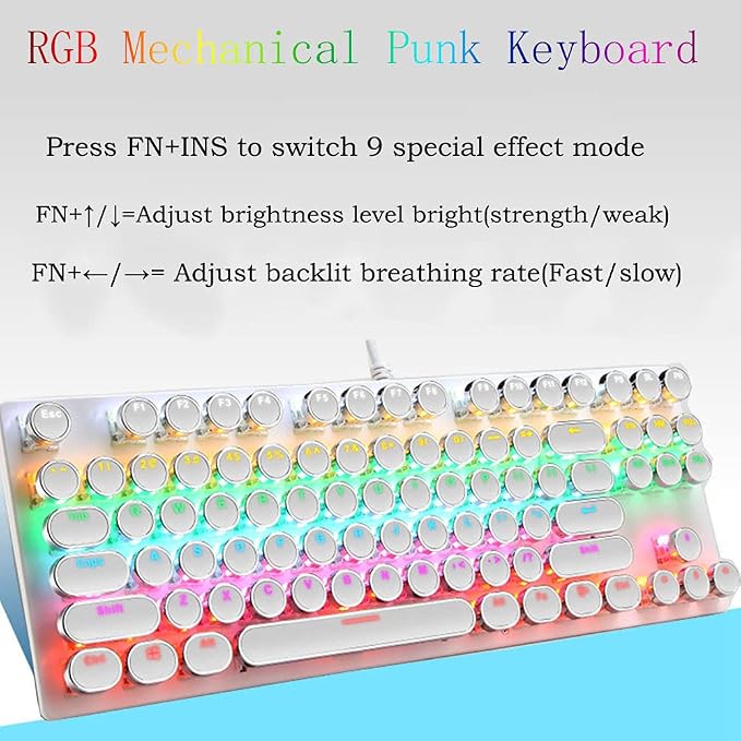 Mechanical Gaming Keyboard and Mouse Combo, 87 Key Retro Punk Typewriter-Style,Blue Switch RGB Rainbow Backlit Keyboard,Cool Breathing Light Lightweight Gaming Mouse for Game and Office,White