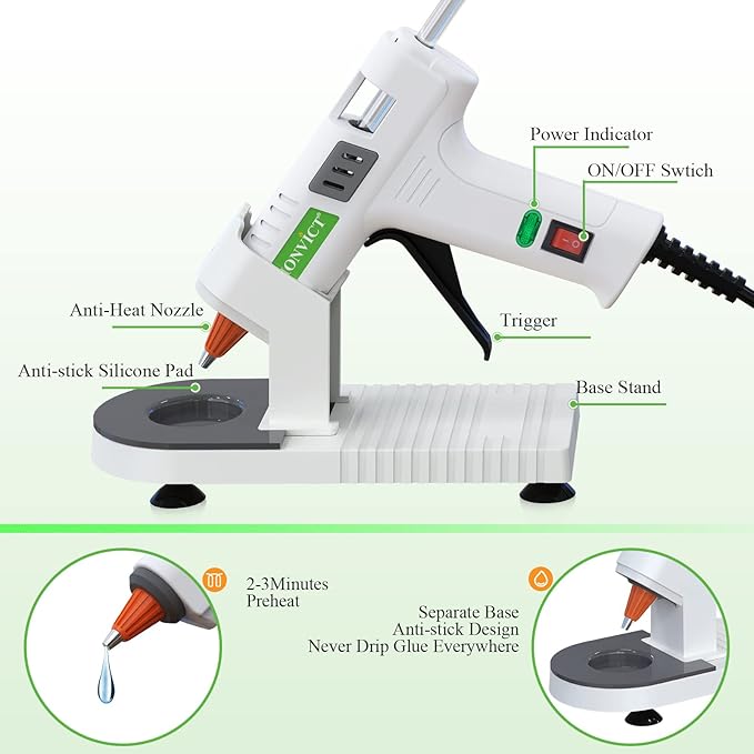 Hot Glue Gun Kit, MONVICT 40W Mini Glue Gun with Fine Tip & 30 Glue Sticks, Suction Cups Stand & Anti Stick Silicone Mat, On/Off Switch Design for DIY, Crafts, Home School Project…