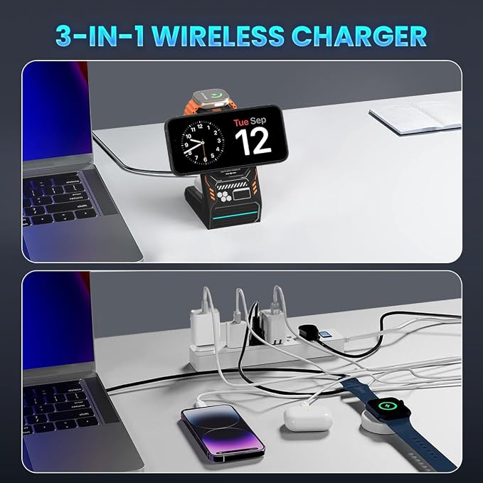 JoyGeek 3-in-1 Wireless Charging Station,Charger Stand for iPhone 15/14/13/12 Series, Fast Magnetic Charging Dock for Watch Ultra 2/9/8/7/6/SE/5/4/3/2,AirPods Pro 3/2