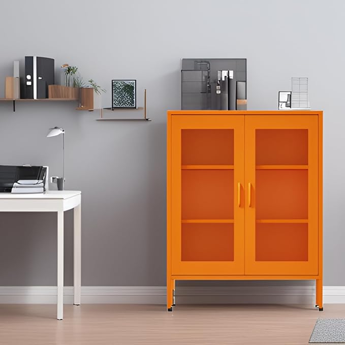 Washsemba Metal Storage Cabinet with Mesh Doors,Steel Display Cabinet with Adjustable Shelves,Metal Office Storage Locker for Home Office,Garage (Orange, 40''H)