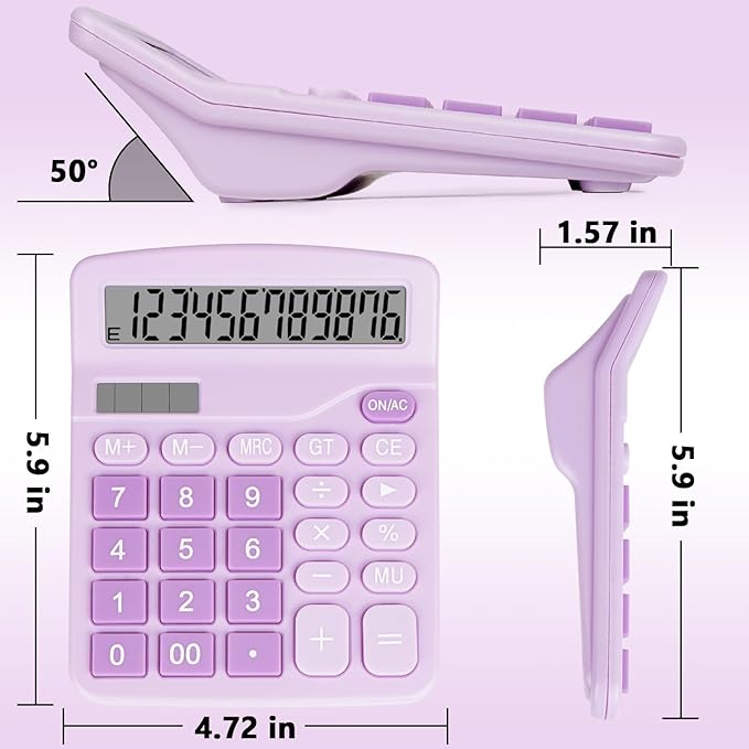 Cute Purple Desktop Calculator with Big Buttons, Dual Power Source, Solar and Battery, Large Display Screen - Perfect for Office, Teachers, and Students (Purple)