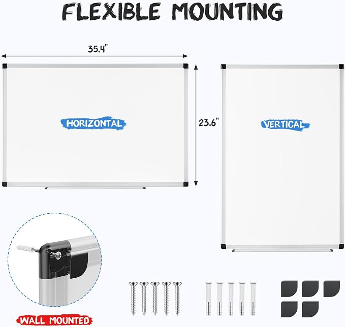 NEWBULIG White Board, 36" x 24" Magnetic Dry Erase Board for Wall with 1 Dry Eraser & 2 Multi-Color Markers & 4 Magnetic Pins, Silver Aluminum Frame for Office, Home, School, White