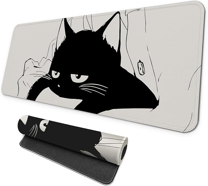 MAY FLOWER Large Gaming Mouse Pad, Full Keyboard Mat, Long Laptop Mousepad, Computer Mouse Mat for Home and Office, Anti-Slip Rubber Base, 31.5 x 11.8 Inches (Black Cat)