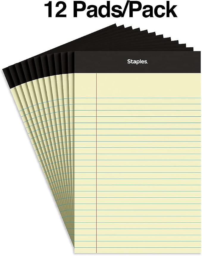 STAPLES TRU RED Legal Pads, 5x8 Inch, Narrow Ruled, Canary, 12-Pack | 50 sheets per pad. Clean-tear pages for notes and everyday writing.