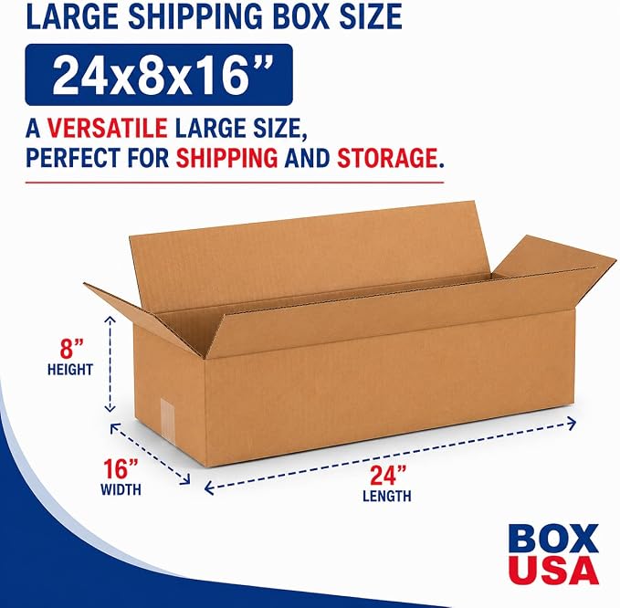 Box USA Shipping Boxes Large 24"L x 16"W x 8"H 20-Pack - Corrugated Cardboard Box for Moving, Mailing, Packing, Packaging and Storage