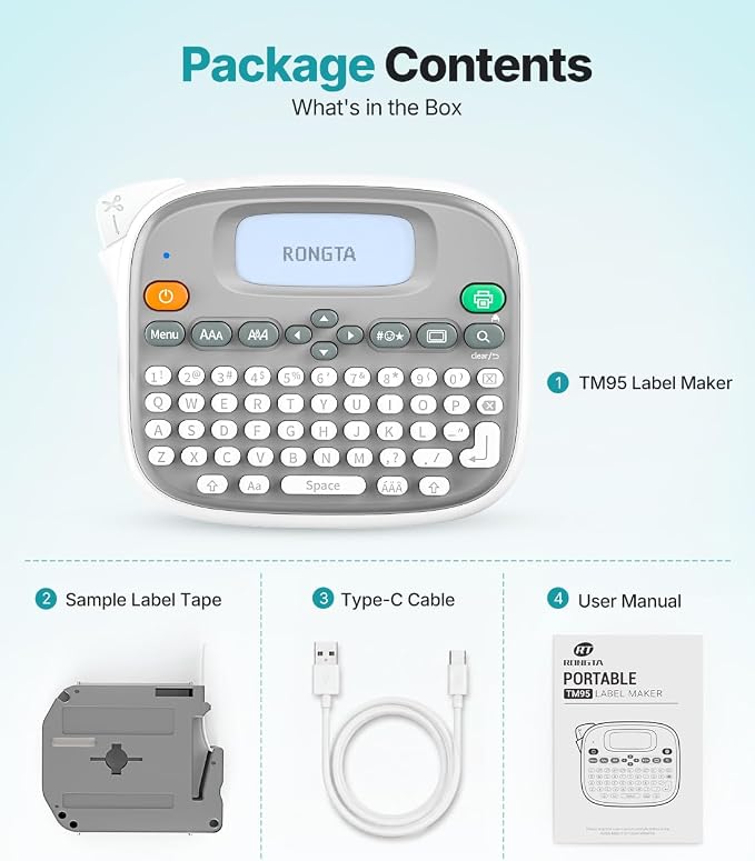 Rongta Label Maker Machine with Tape, Label Maker Waterproof with QWERTY Keyboard, TM95 12mm Portable Labeler for Home Organization, Office or School Supplier (Label Maker with 1 Tape, White)