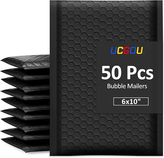 UCGOU Bubble Mailers 6x10 Inch Black 50 Pack Poly Padded Envelopes Small Business Mailing Packages Opaque Self Seal Adhesive Waterproof Boutique Shipping Bags for Jewelry Makeup Supplies #0