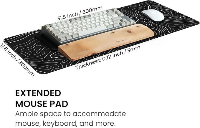 MAY FLOWER Large Gaming Mouse Pad, Full Keyboard Mat, Long Laptop Mousepad, Computer Mouse Mat for Home and Office, Anti-Slip Rubber Base, 31.5 x 11.8 Inches (Black Topographic Map)