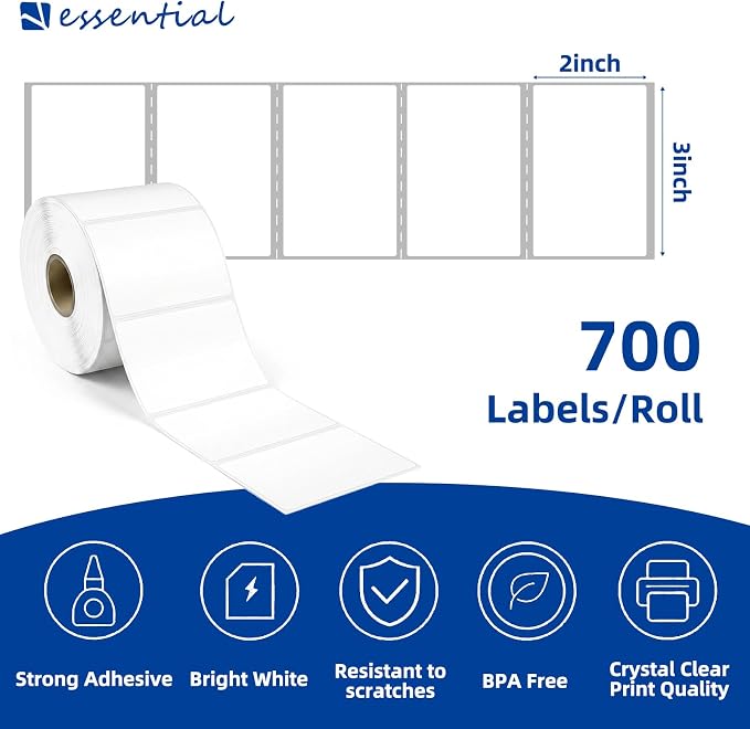 ESSENTIAL 3" x 2" White Direct Thermal Labels for Barcodes, Address | Permanent Adhesive, Compatible with Zebra, Rollo and Other Desktop Printers, 700 Labels of Roll, 1Rolls