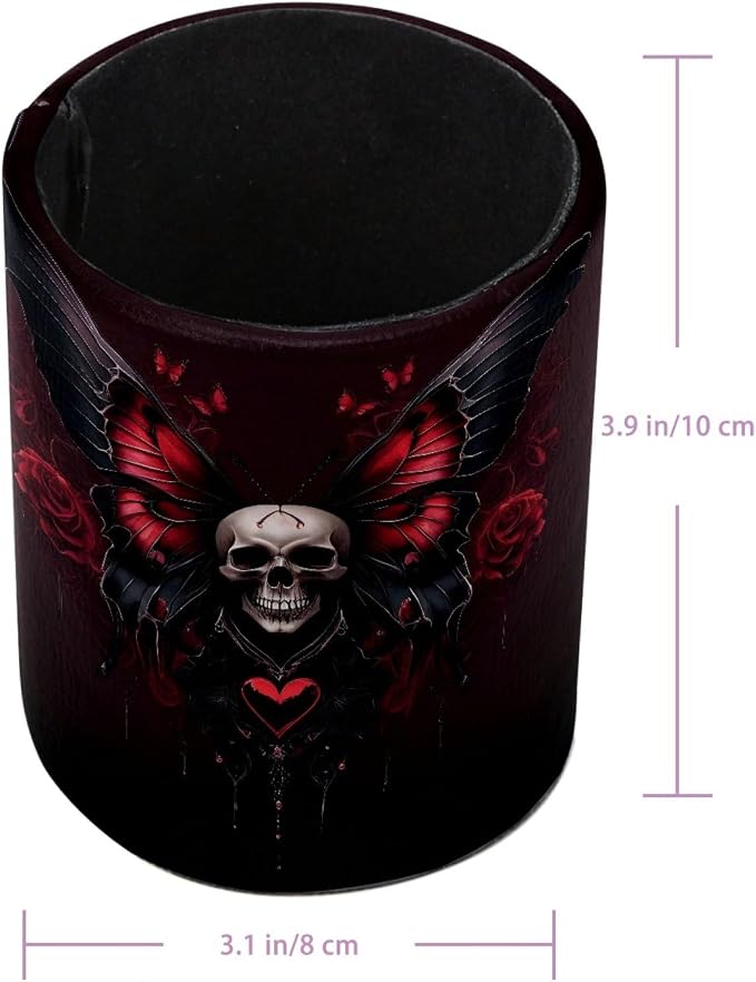 Leather Pen Holder for Desk, Skull Butterfly Pencil Cup Pen Organizer Makeup Brush Holder for Office Home Kids Countertop Desk Accessory Storage