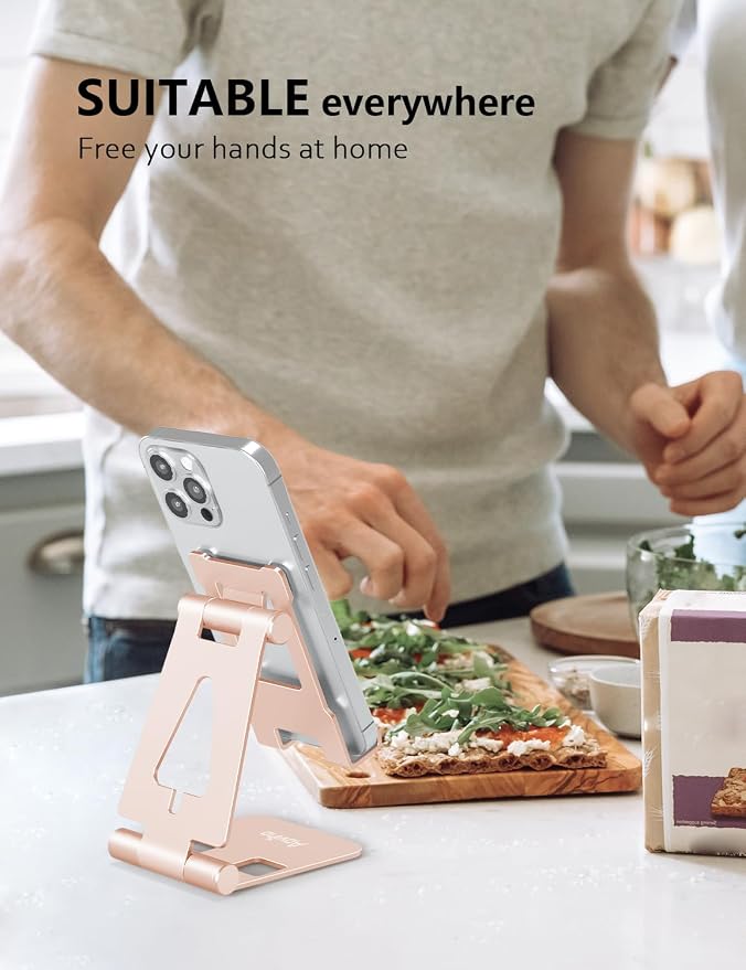 Aoviho Foldable Cell Phone Stand for Desk, Holder for iPhone,Rose Gold | Folds Flat for Easy Storage, Hands-Free Viewing, Fits iPhone 17/16/15 Series & Samsung Galaxy, Ideal for Office & Home