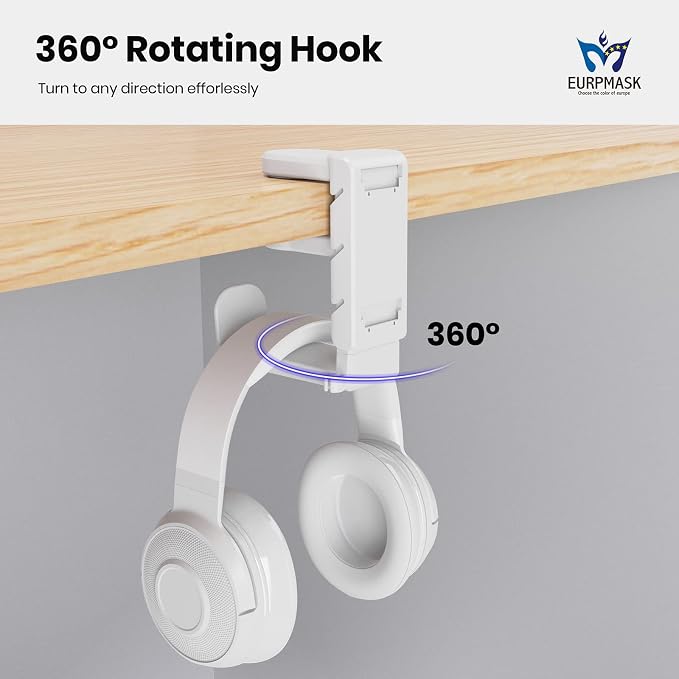 EURPMASK 3-in-1 Rotating Headphone Stand w/2 Detachable Controller Holders | Adjustable Clamp-on Headset Holder Hanger,360°Swivel,Gaming Headset Hanger,Cable Organizer,Keep Headphones Secure&Desk Tidy