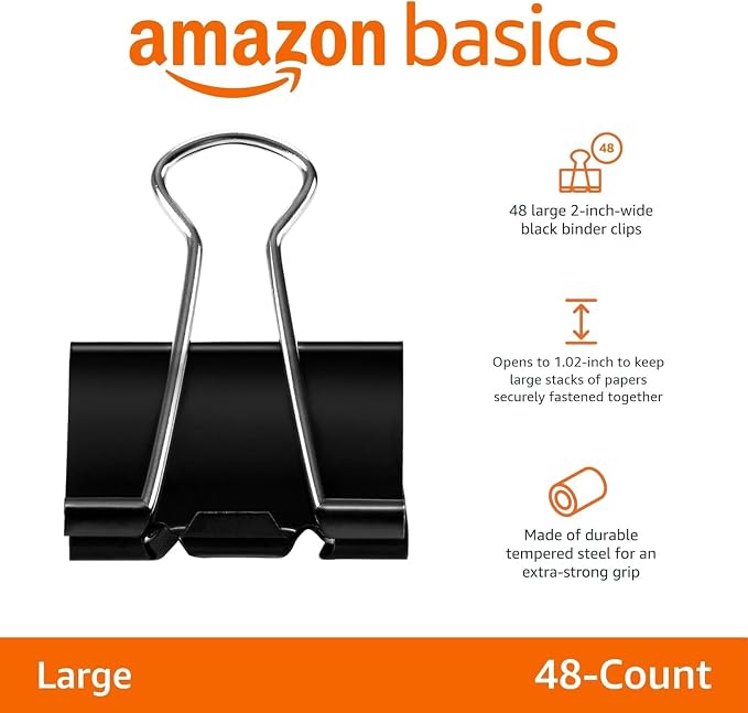 Amazon Basics Sturdy Binder Clips, Office Supplies, Large 2 in, Document Organizing, Black, 48 Count