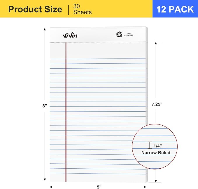 ViVin Legal Pads 5" x 8", 12 Pack, Narrow Ruled, 30 Sheets Per Note Pads | Perforated Writing Pad, Legal Pads Ideal for Home, Office, Business, White Paper