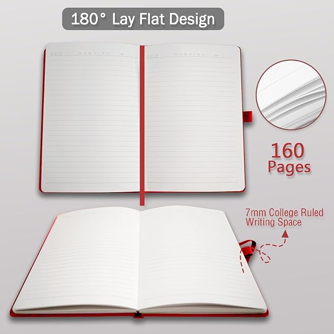 Hardcover Notebooks, A5 Lined Journals Notebook for Writing 160 Pages, 8.2 x 5.5 inch, Classic Ruled Notebooks for College/Work/Travel (Red, 1 Pack)