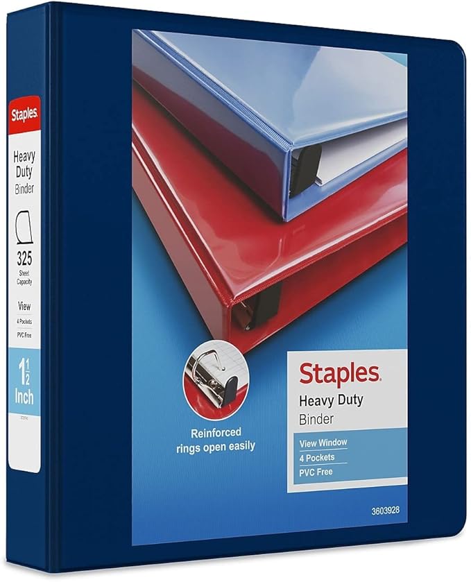 Staples Heavy-Duty 1.5-Inch D-Ring View Binder, Reinforced Spine, Holds Up to 350 Sheets, Blue, for Office & School