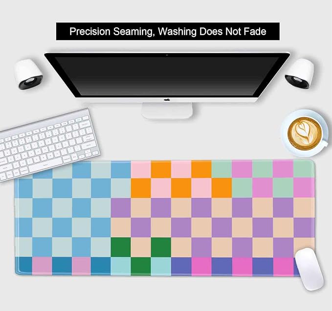 Colorful Checkered Desk Mats, Retro Purple Pink Blue Green Large Desk Pad, Aesthetic Desktop Mat, Writing Mat, Non-Slip Rubber Gaming Mouse Pad for Laptop Computer Office, 31.5 X 11.8 in