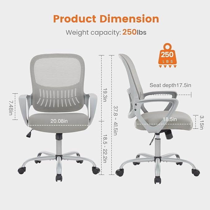 Sweetcrispy Executive Home Office Chair, Mesh Office Chair, Grey | Ergonomic Executive, Adjustable Height, 360° Swivel Wheels, Mid-Back, Comfy Arms, Bedroom, Study, Student
