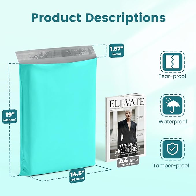 Metronic Poly Mailers 14x19 400 Pack, Heavy Duty Shipping Bags Bulk Self Seal Waterproof Tear Resistant Large Mailing Envelopes, Packaging bags for Small Business, Boutique, Clothing, Teal